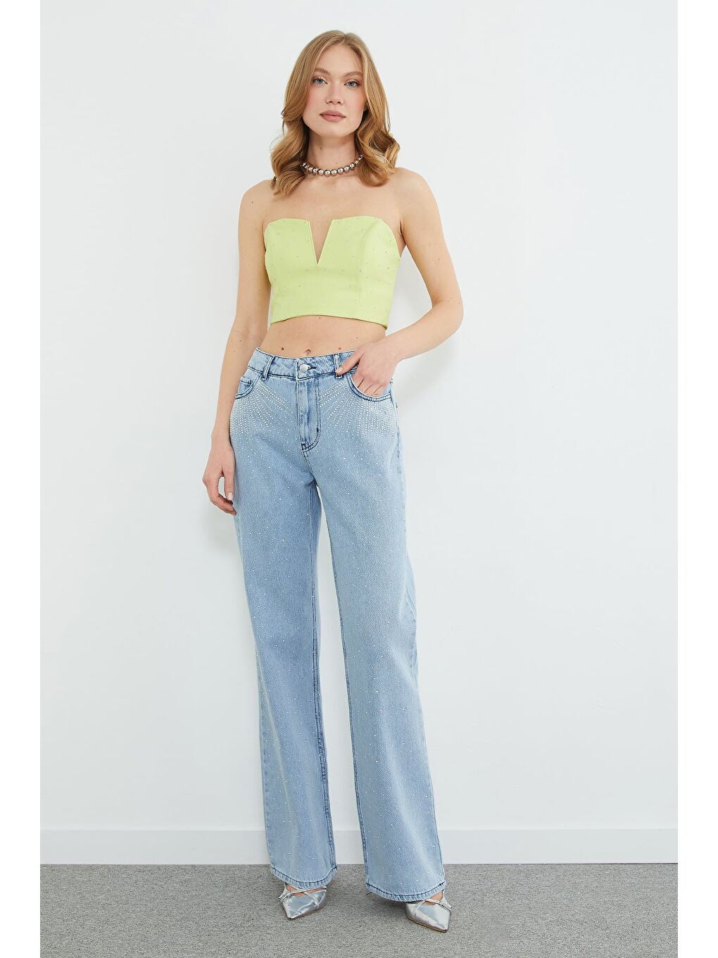 Mavi Taşlı Yüksek Bel Jean-2