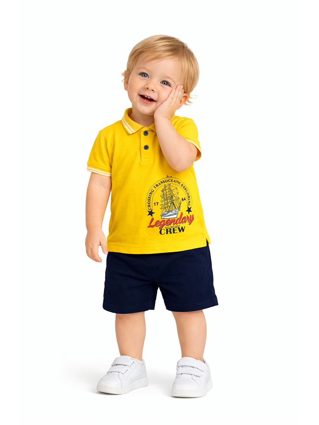 Sarı Erkek Bebek Polo Yaka Baskılı Tshirt Şort Yazlık Takım-4