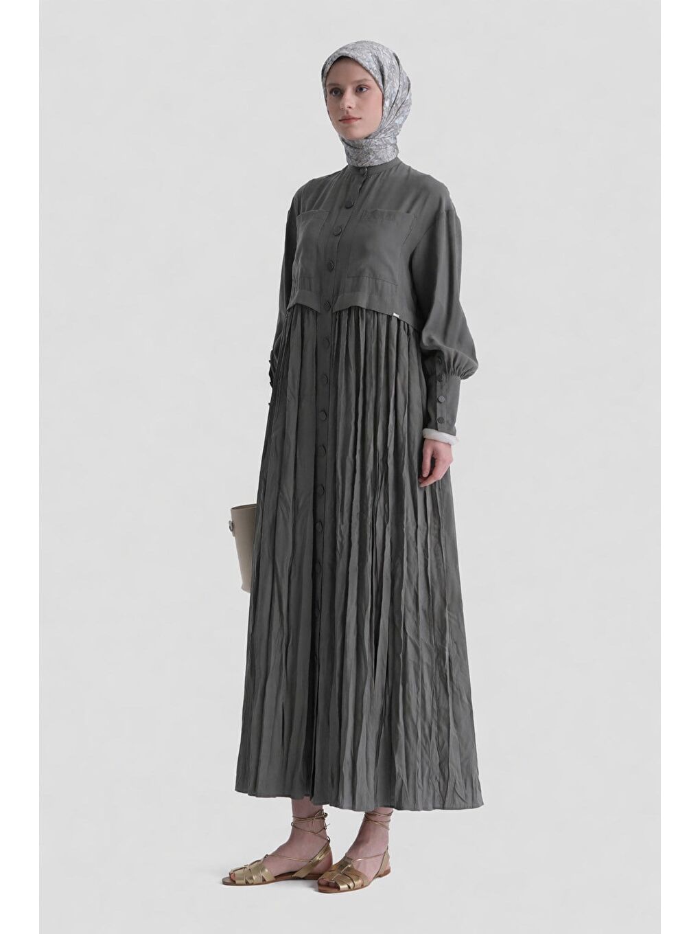 Kırışık Efektli Modal Elbise Haki-1