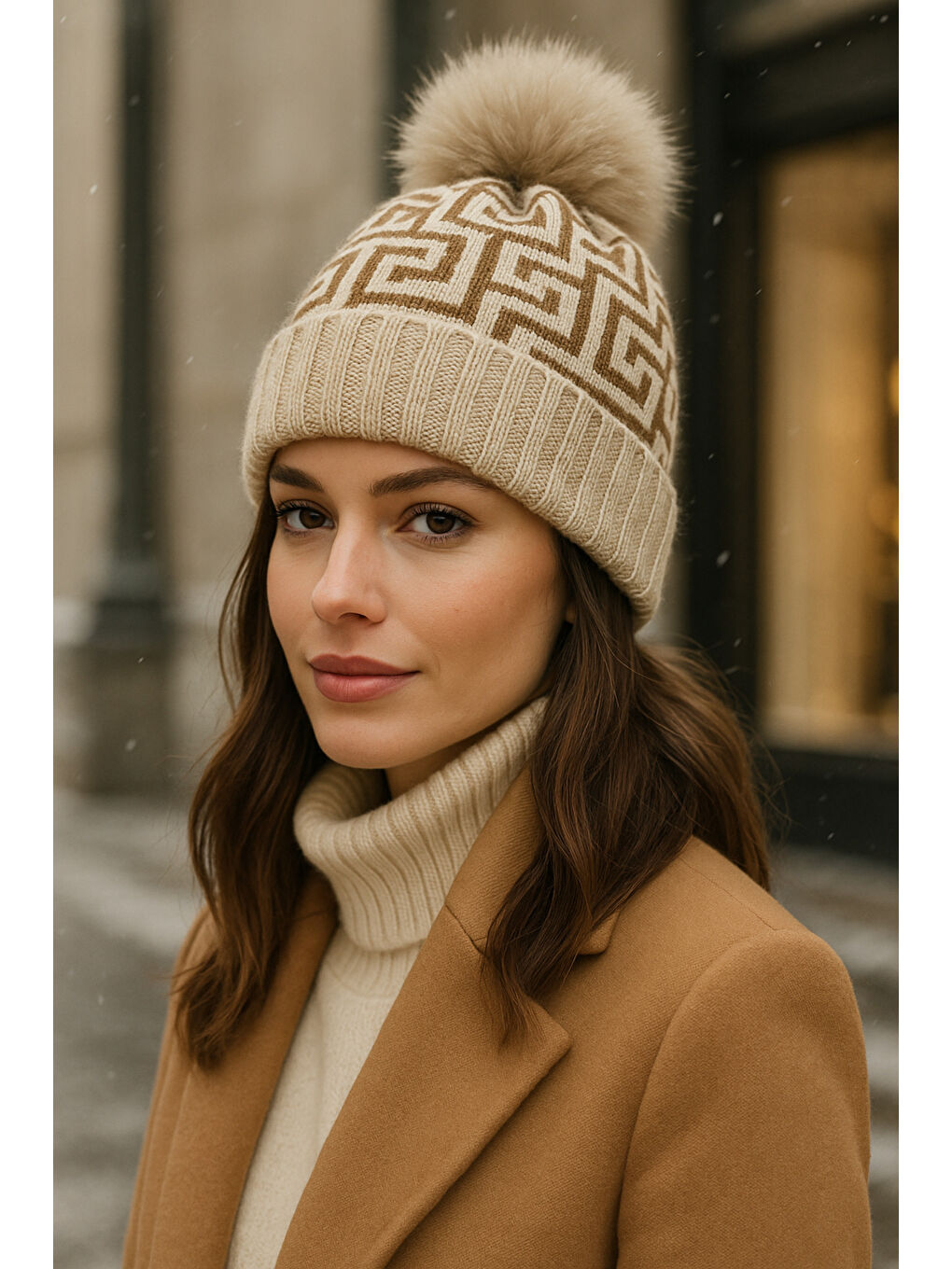 Kadın Bej Deseneli Ponponlu Yünlü Bere BERE1144-1