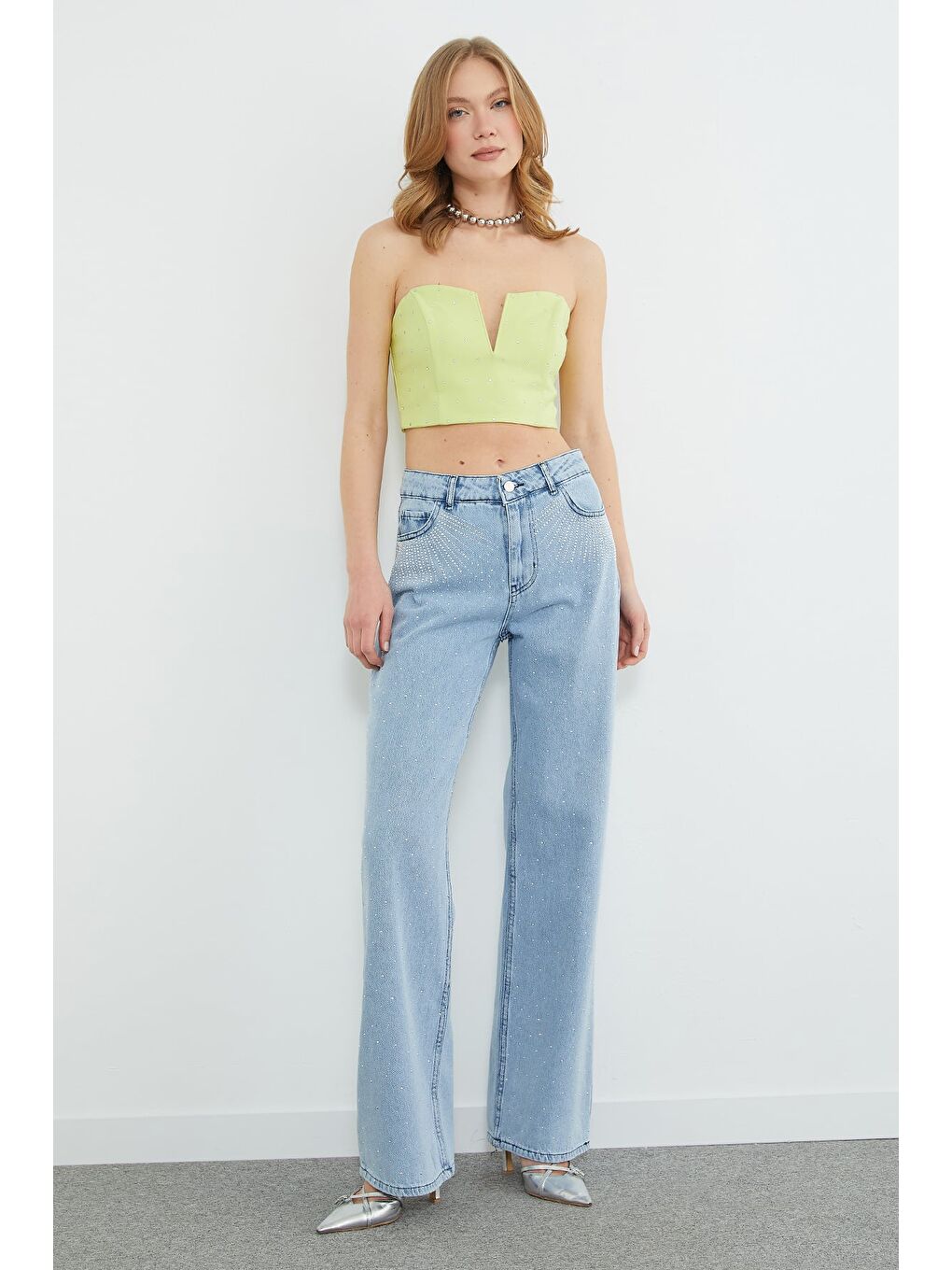 Mavi Taşlı Yüksek Bel Jean-3