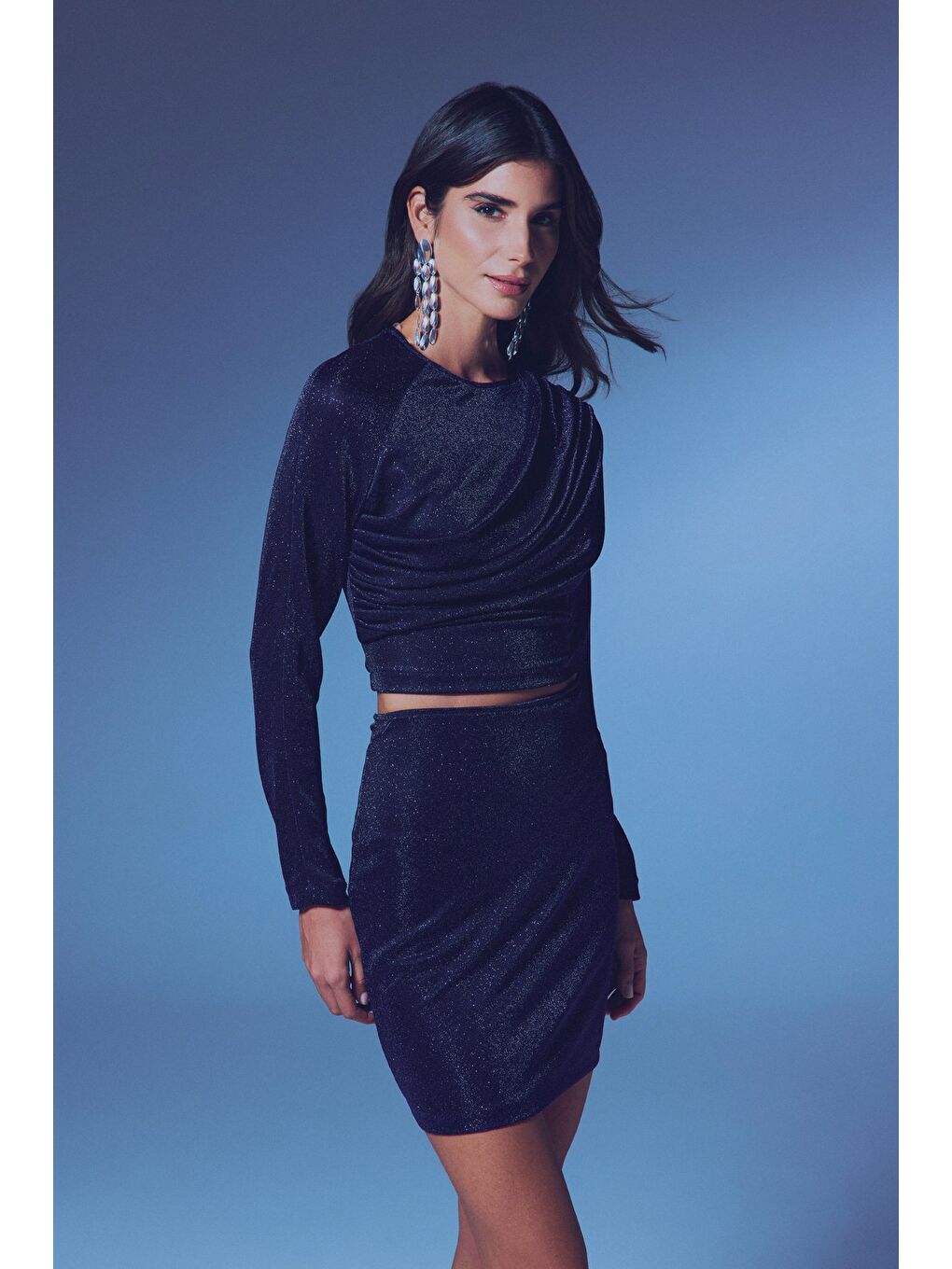 Büzgü Detaylı Simli Bluz - Lacivert-2