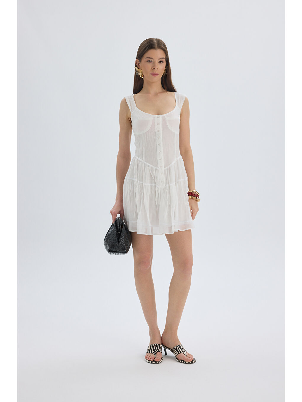 Serena Düğmeli Ekru Mini Elbise-1