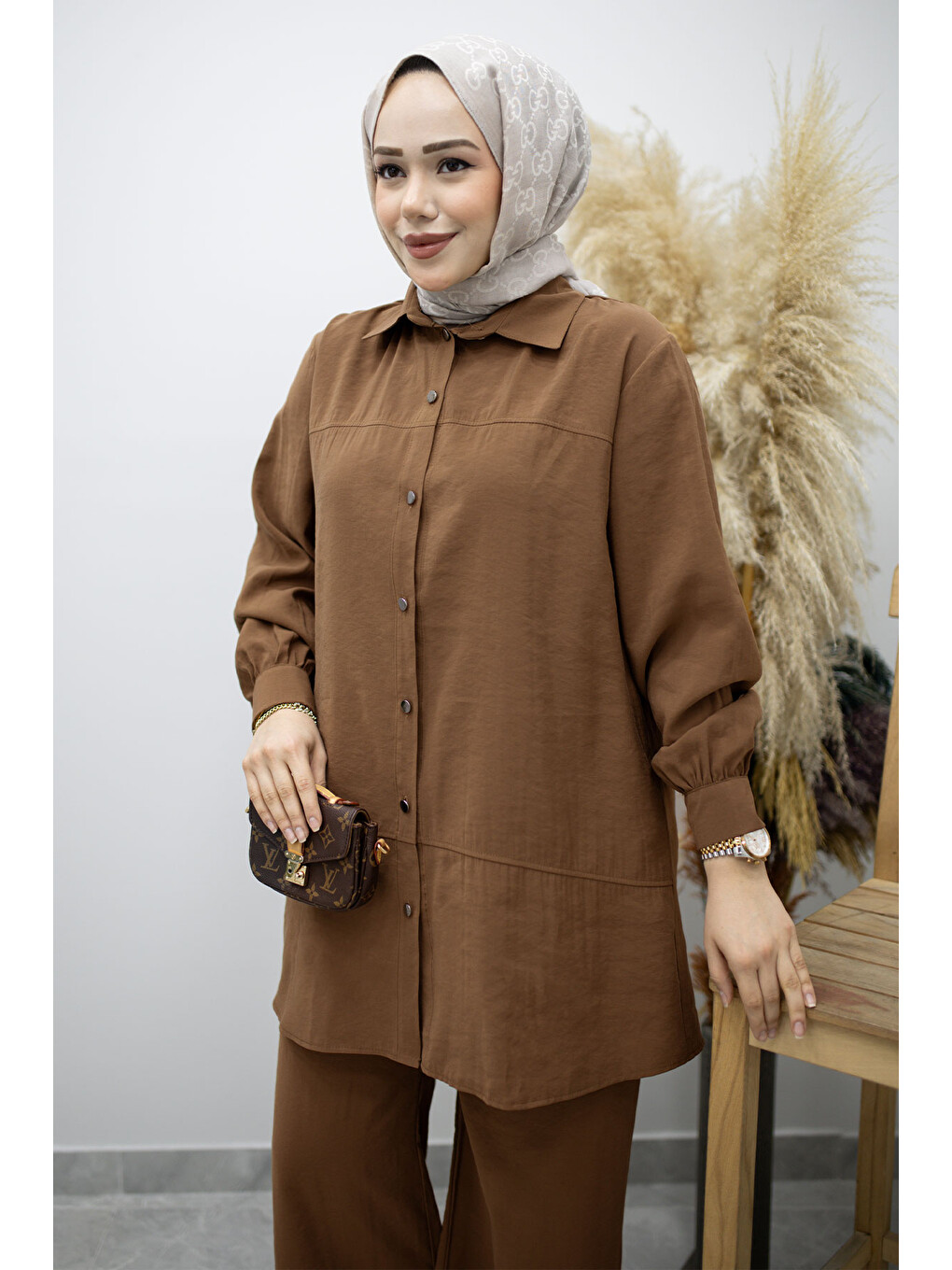 Düğmeli Modal Takım TSD260169 Kahverengi-1