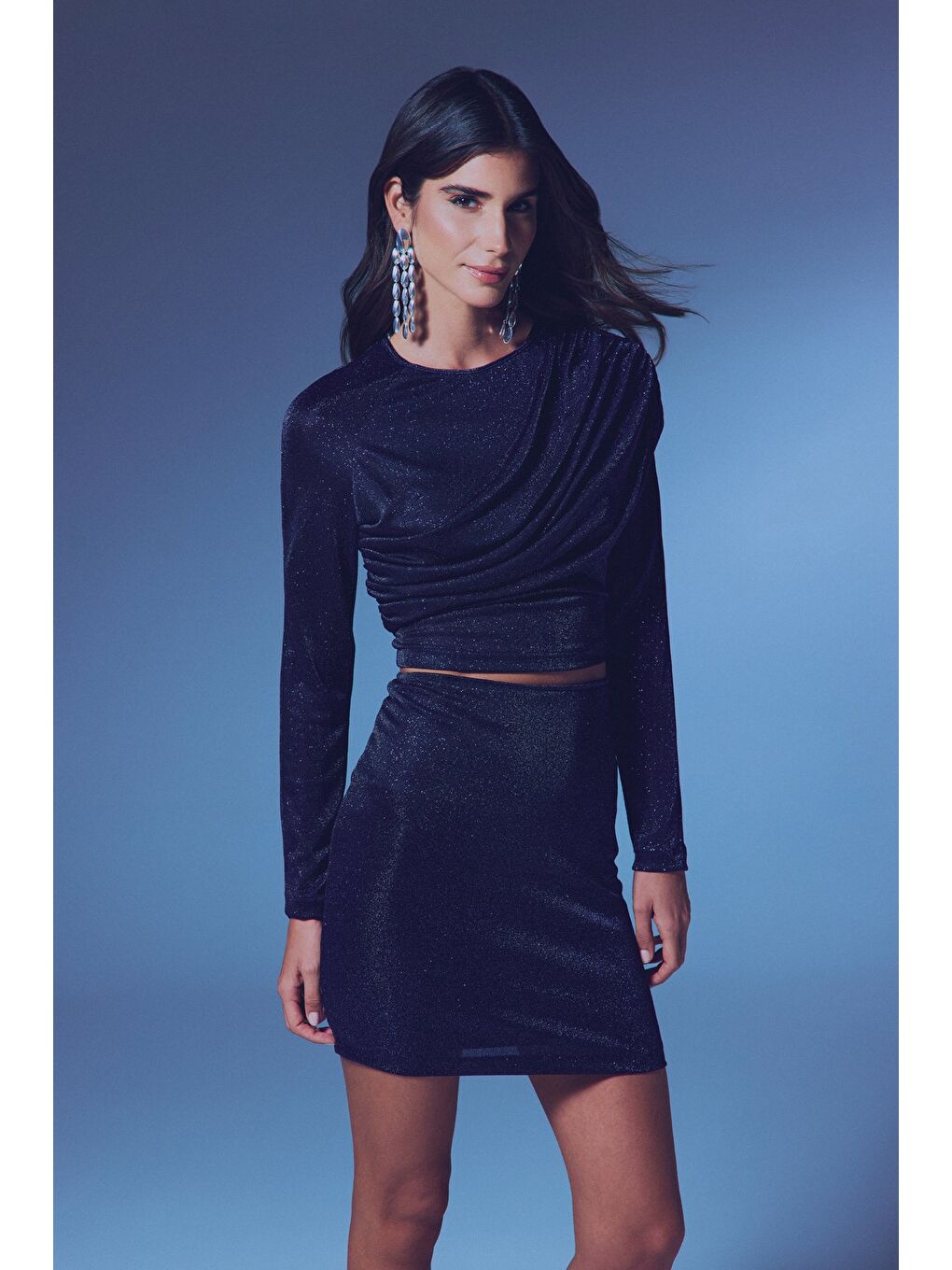 Büzgü Detaylı Simli Bluz - Lacivert-3