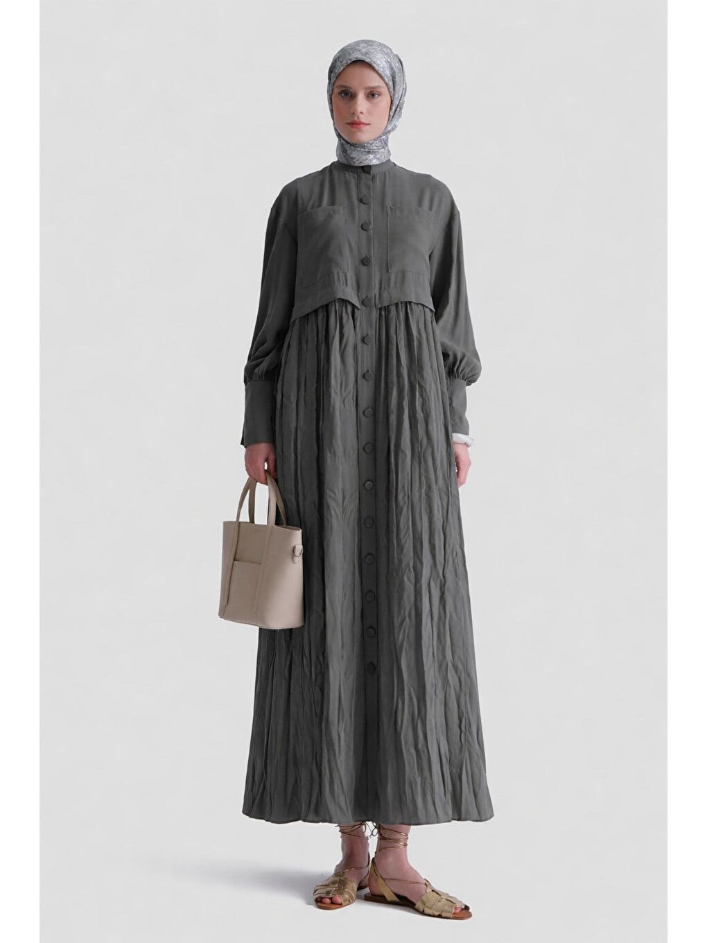 Kırışık Efektli Modal Elbise Haki-2