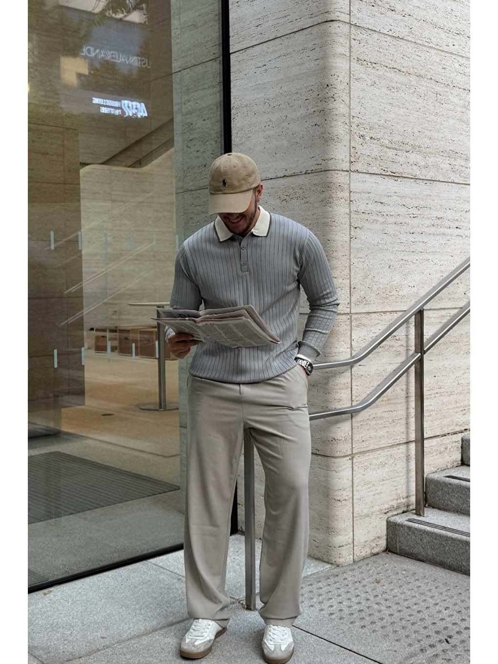 Gri Luzi Çizgi Desenli Polo Yaka Premium Erkek Triko Kazak-1