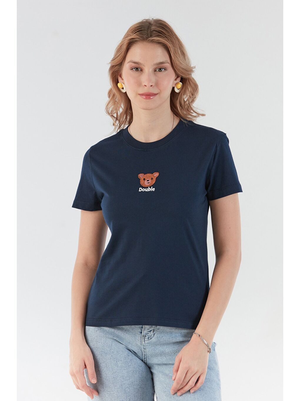 Lacivert Ayıcık Ve Yazı Nakışlı Tişört-1