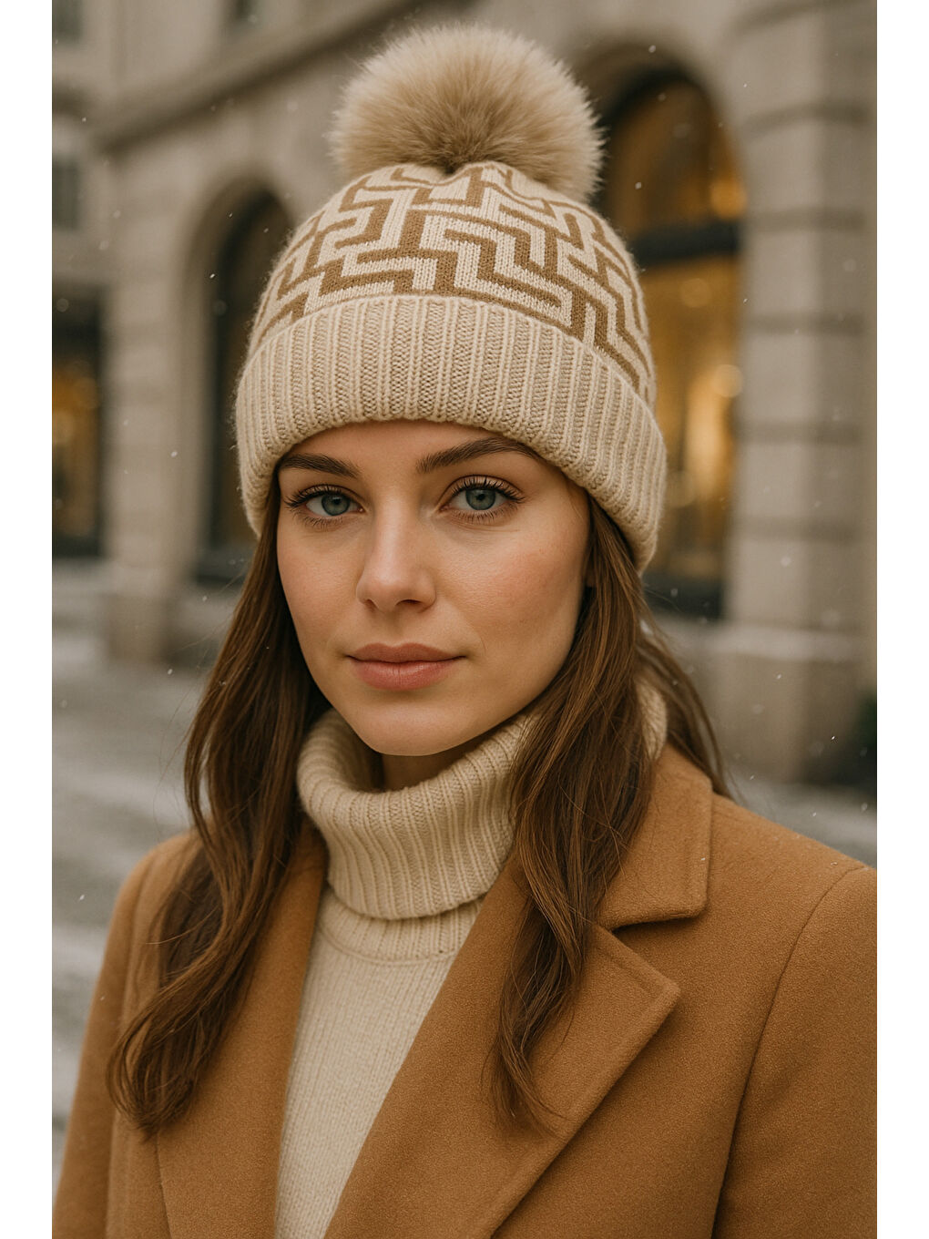 Kadın Bej Deseneli Ponponlu Yünlü Bere BERE1144-2