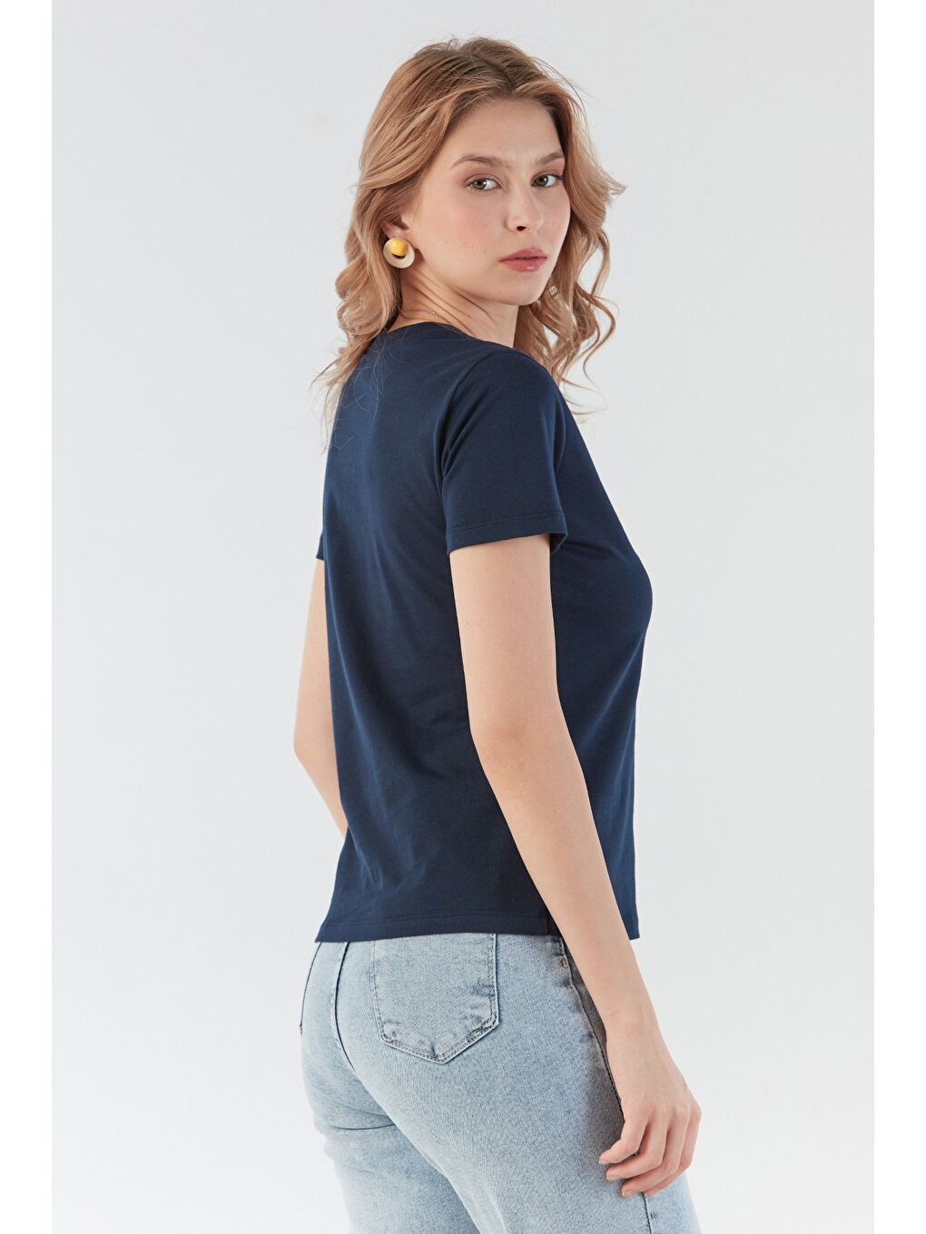 Lacivert Ayıcık Ve Yazı Nakışlı Tişört-2