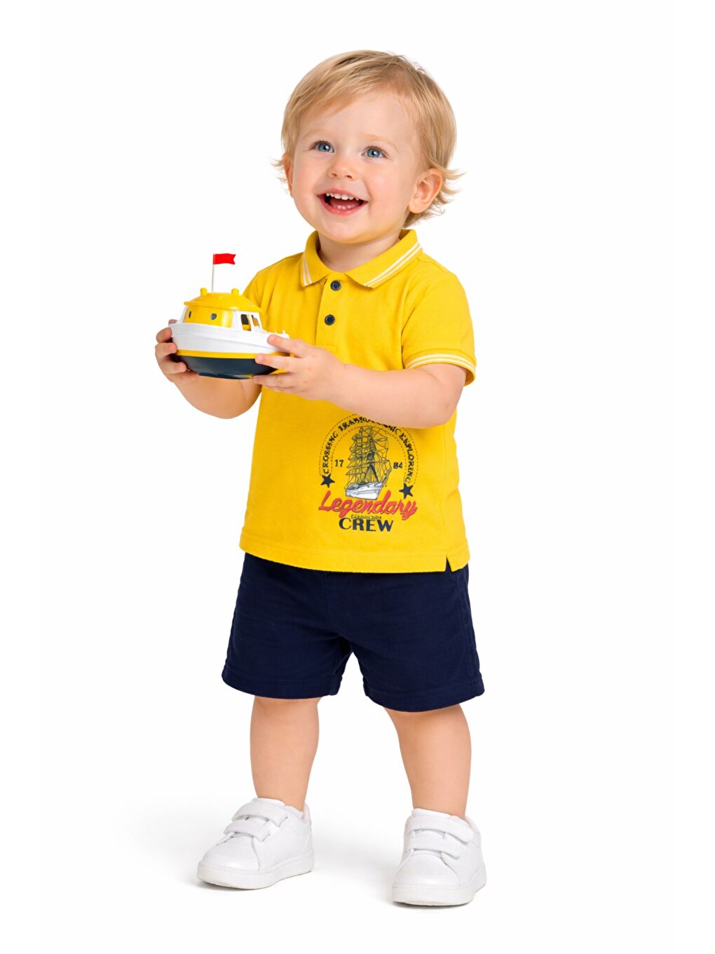 Sarı Erkek Bebek Polo Yaka Baskılı Tshirt Şort Yazlık Takım-5