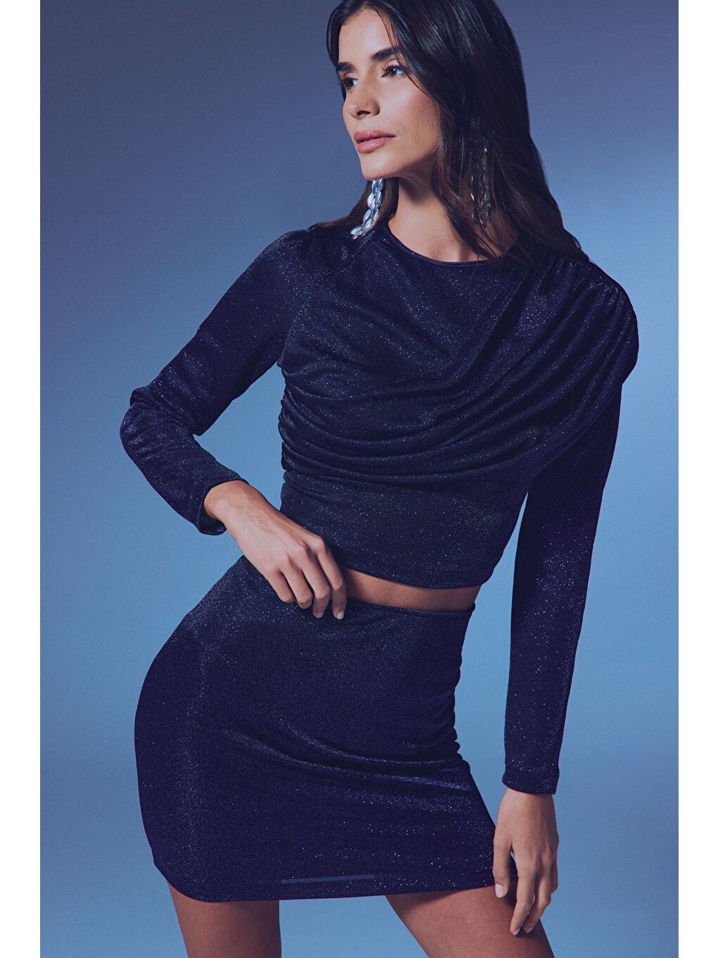 Büzgü Detaylı Simli Bluz - Lacivert-4