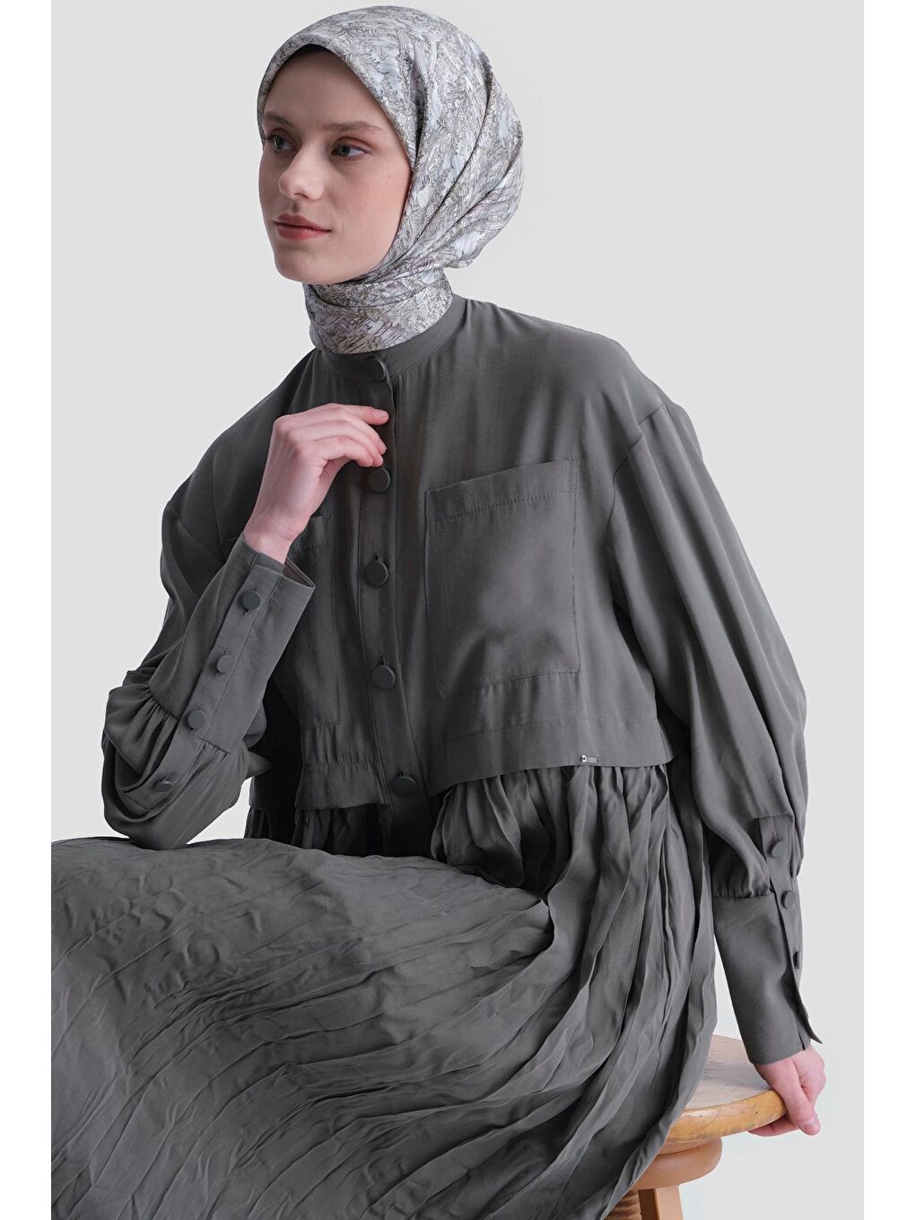 Kırışık Efektli Modal Elbise Haki-3