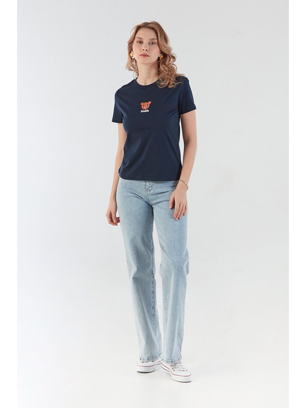Lacivert Ayıcık Ve Yazı Nakışlı Tişört-3