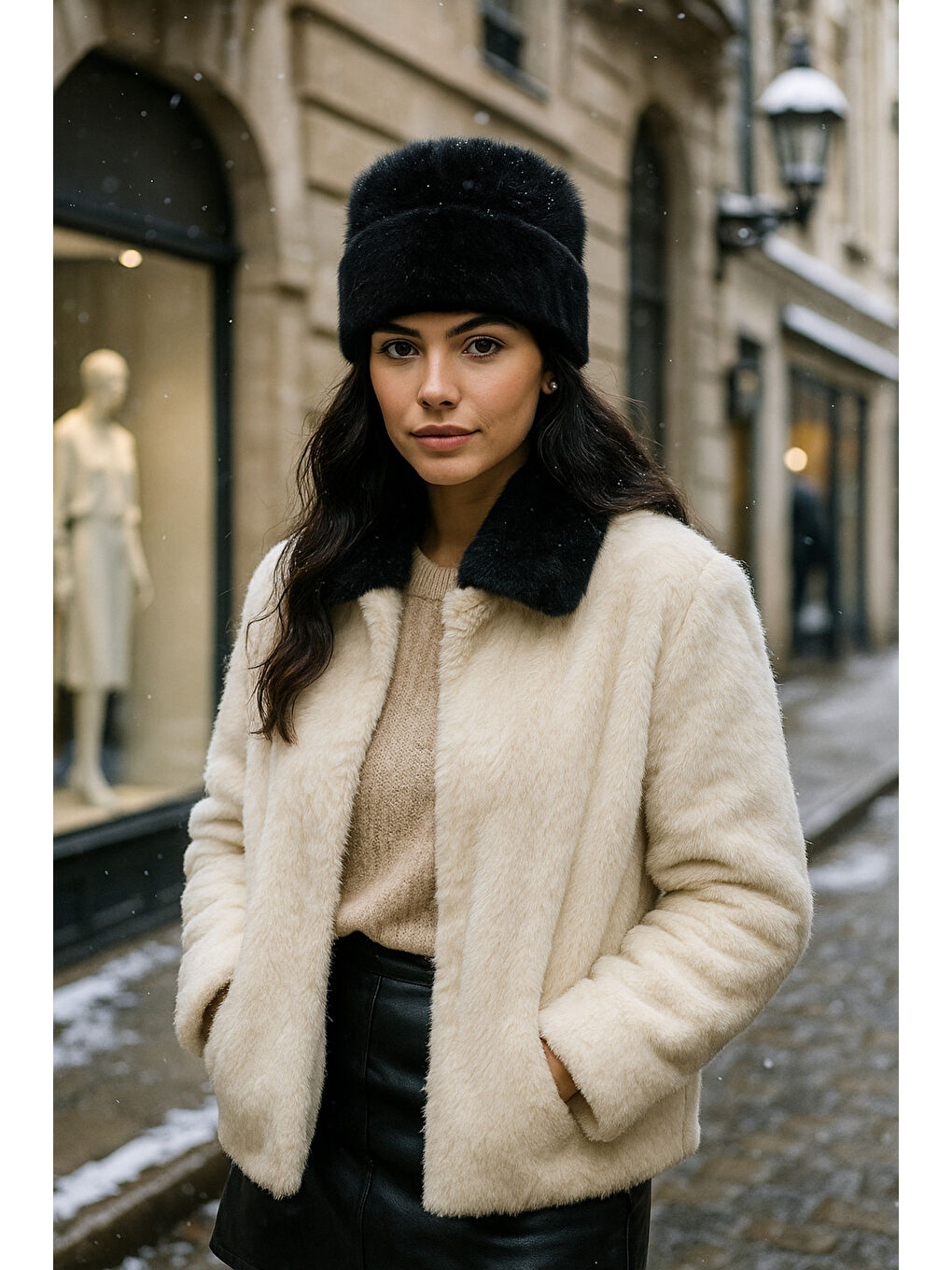 Kadın Siyah Yünlü Pelüş Bere BERE1146-1