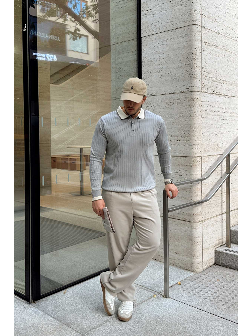 Gri Luzi Çizgi Desenli Polo Yaka Premium Erkek Triko Kazak-2