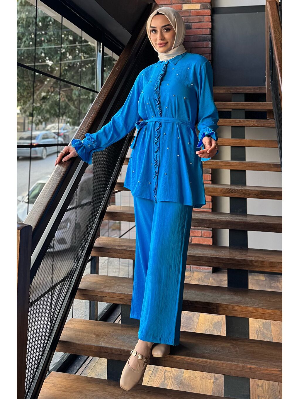 Mavi Tesettür Bel Kuşaklı Taşlı Tunik Pantolon İkili Takım-2