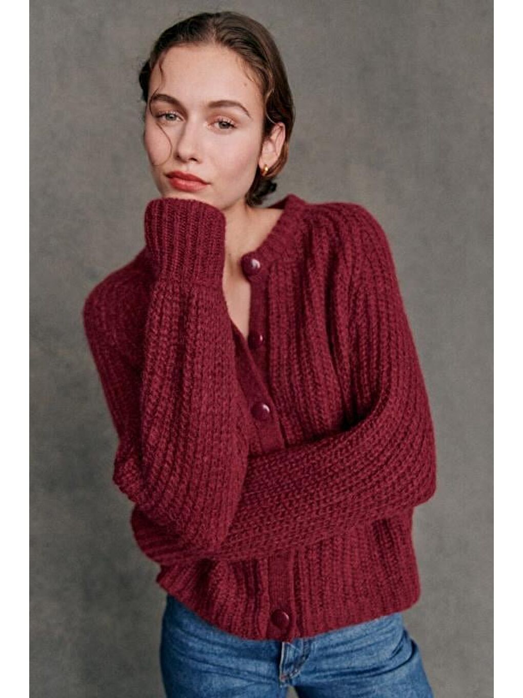 Bordo Bisiklet Yaka Selanik Örgü Düğmeli Kadın Hırka Mg2487-2
