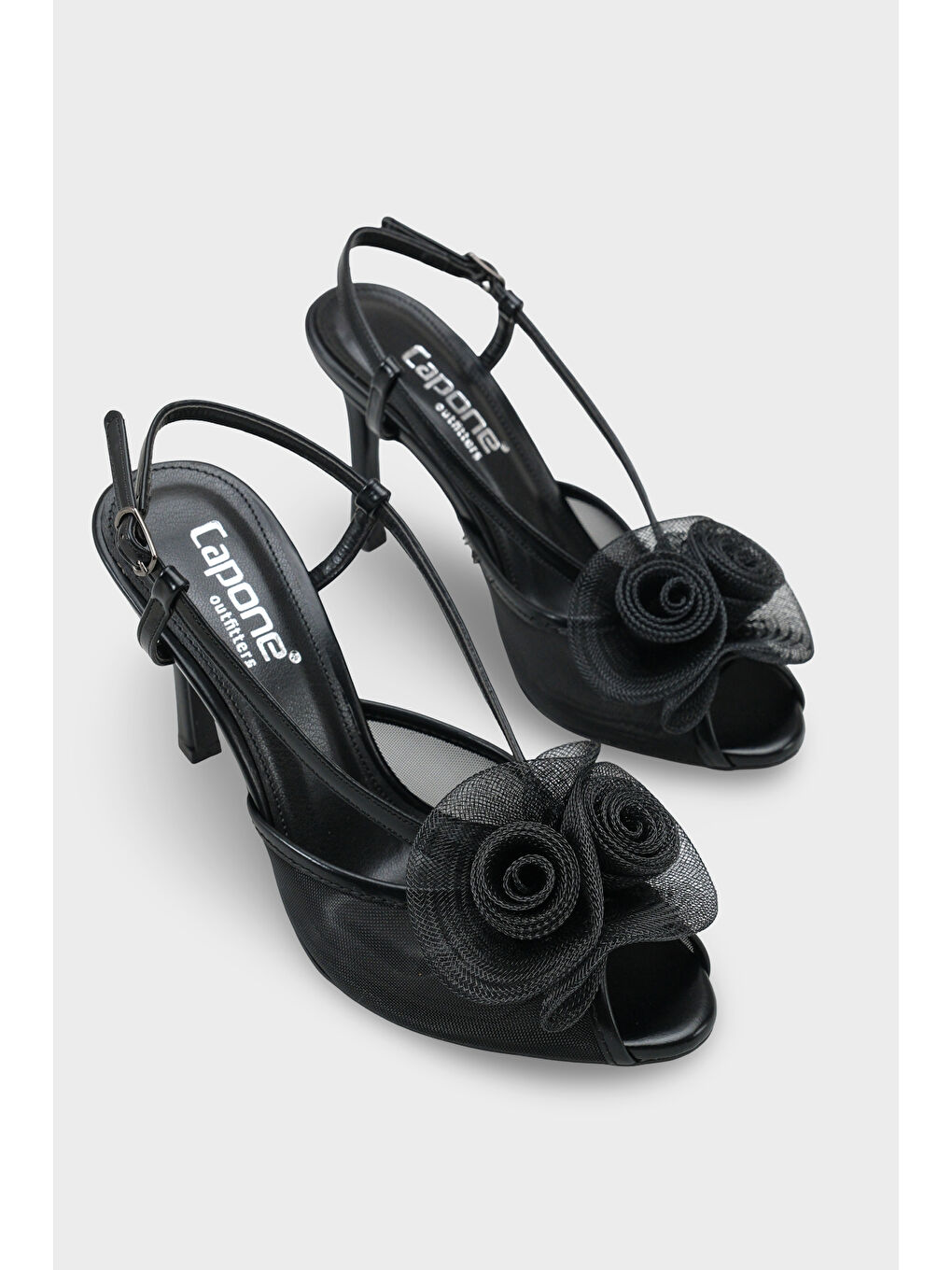 Siyah Reina Fileli Yuvarlak Burunlu Fiyonklu Yüksek Topuklu Bantlı Kadın Ayakkabı-1