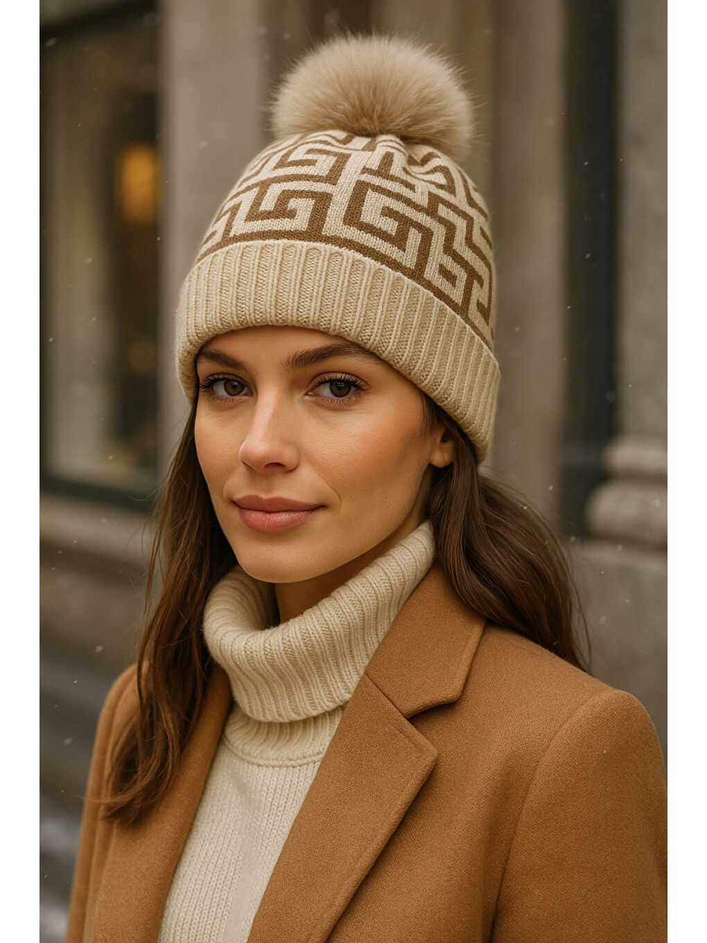 Kadın Bej Deseneli Ponponlu Yünlü Bere BERE1144-3