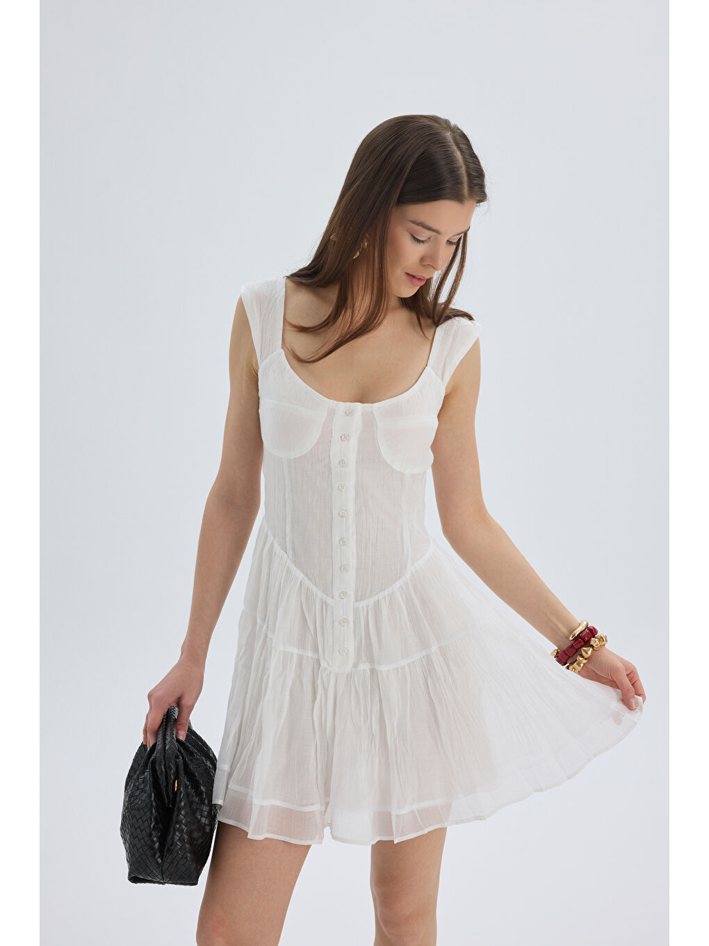 Serena Düğmeli Ekru Mini Elbise-2