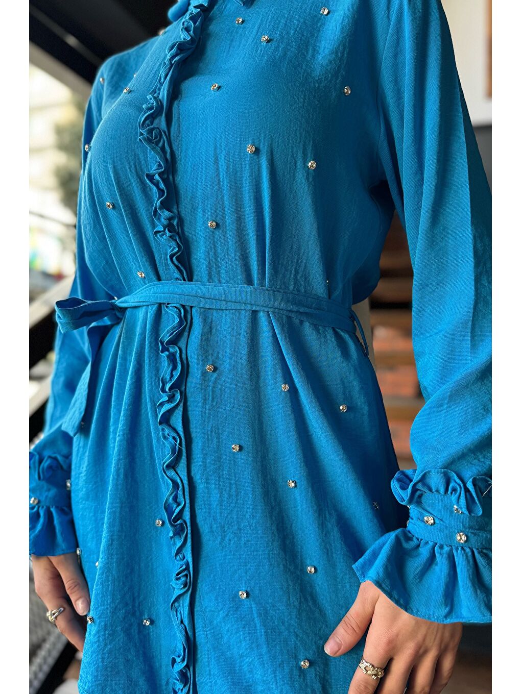 Mavi Tesettür Bel Kuşaklı Taşlı Tunik Pantolon İkili Takım-4