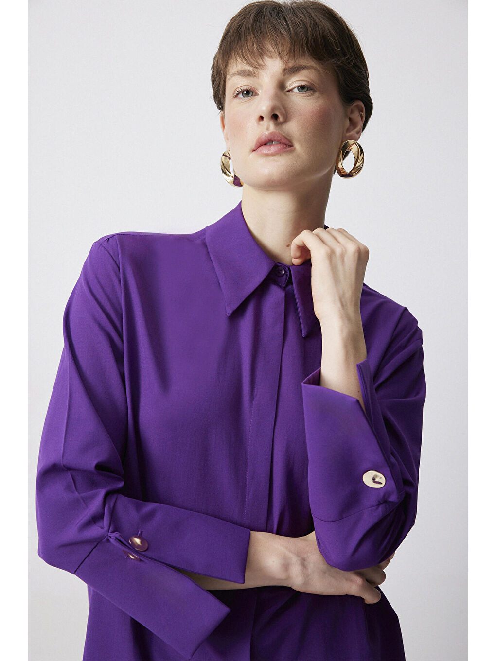 Mor Geniş Manşetli Poplin Gömlek-1