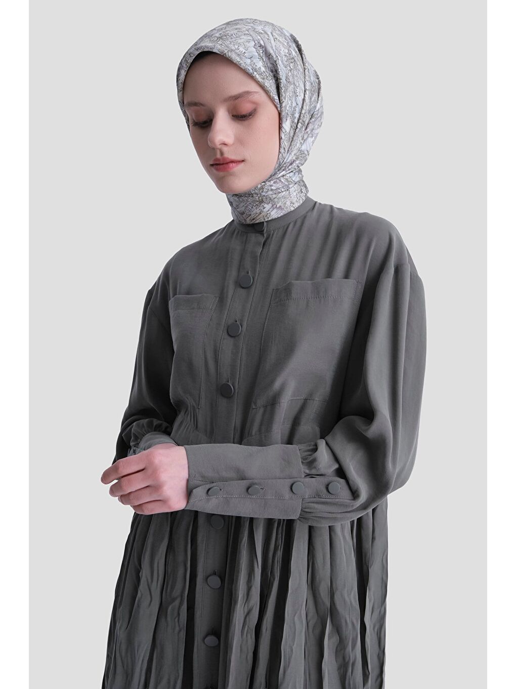 Kırışık Efektli Modal Elbise Haki-5