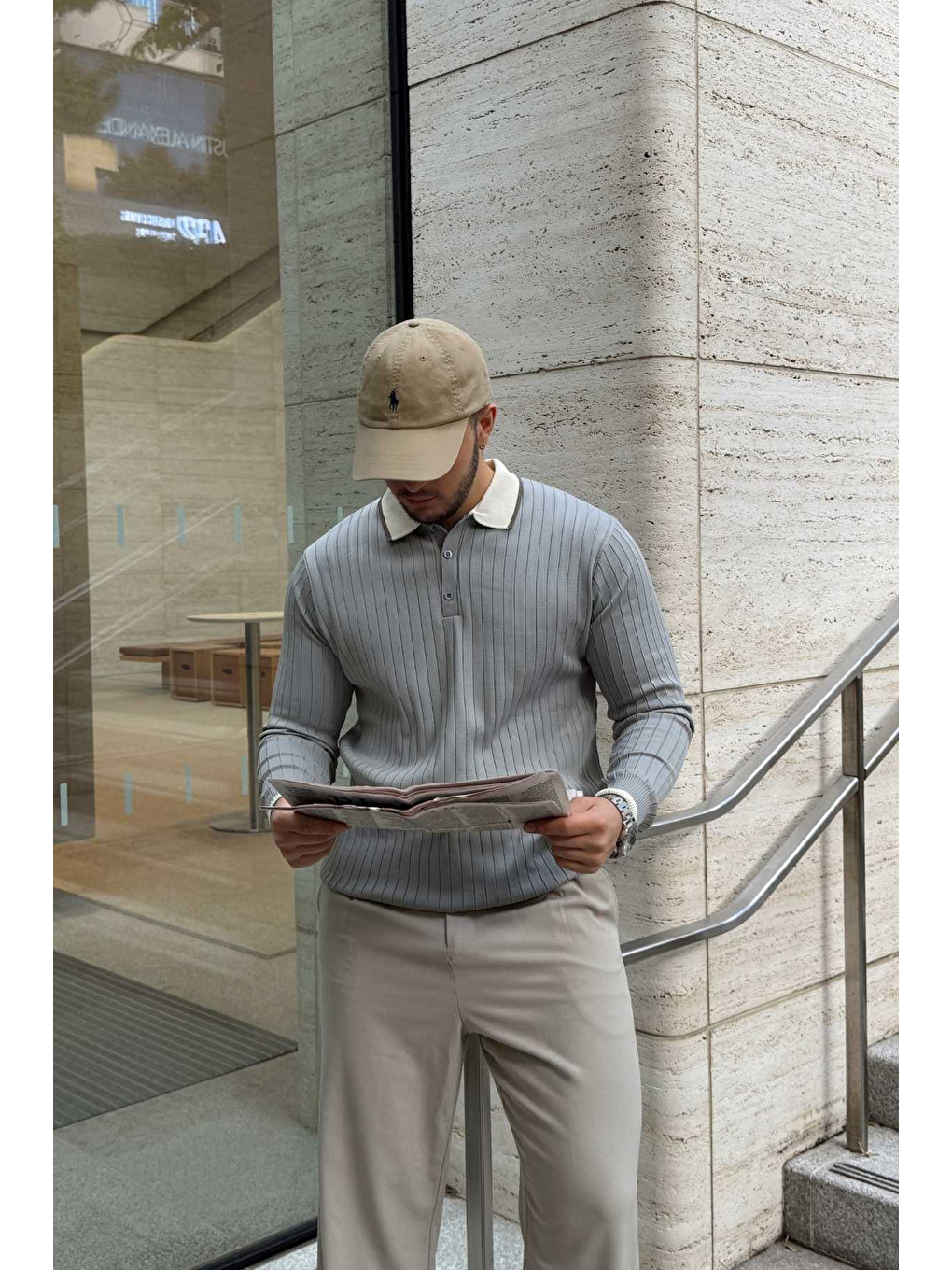 Gri Luzi Çizgi Desenli Polo Yaka Premium Erkek Triko Kazak-3