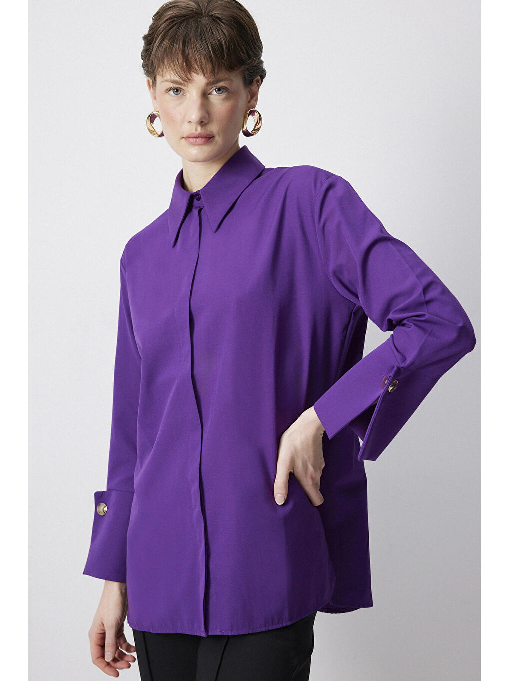 Mor Geniş Manşetli Poplin Gömlek-2