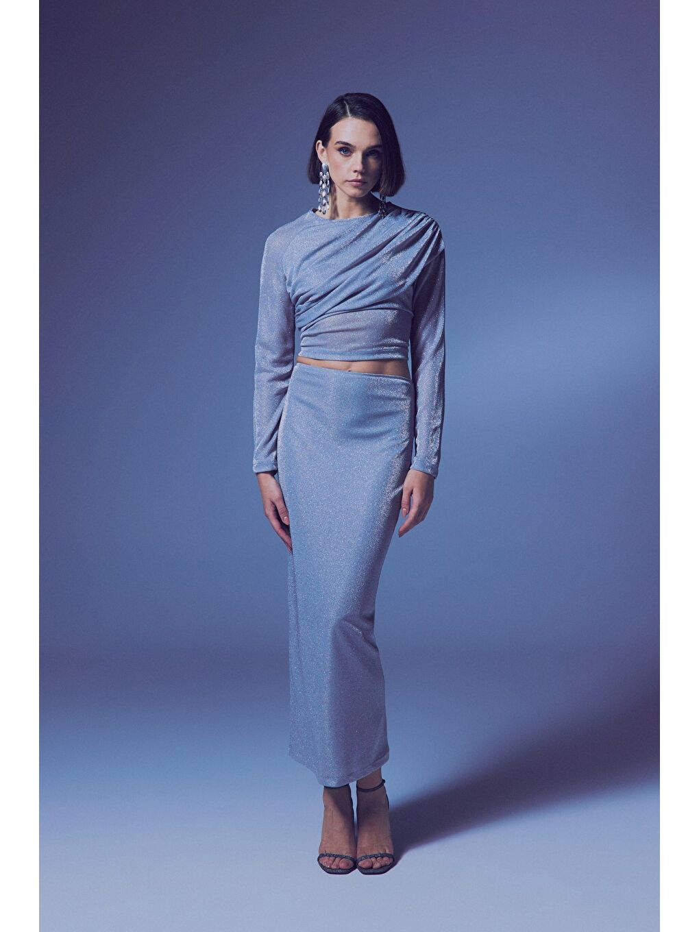 Gri Simli Midi Etek - Gümüş