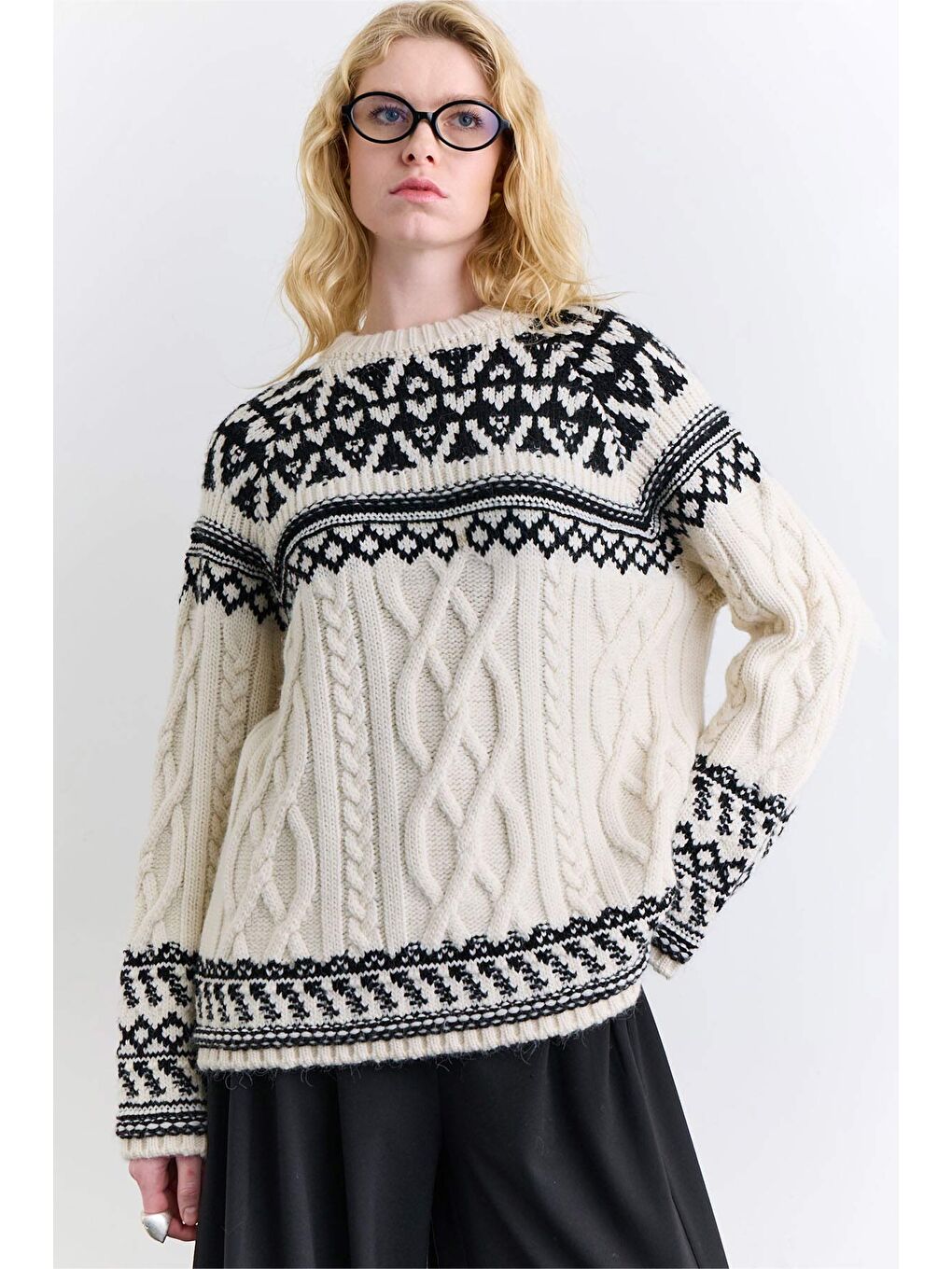 Nordıc Desenli Kazak Ekru-2