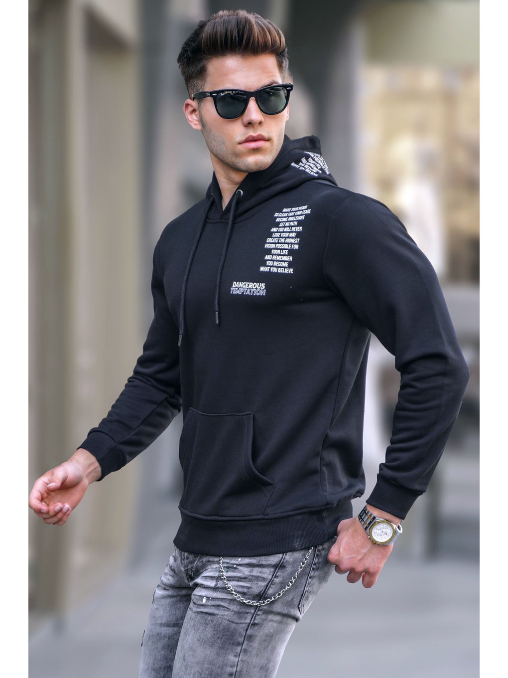 Siyah Baskılı Erkek Kapüşonlu Sweatshirt Hoodie 5313