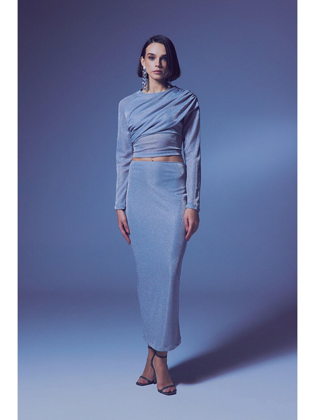 Gri Simli Midi Etek - Gümüş-1