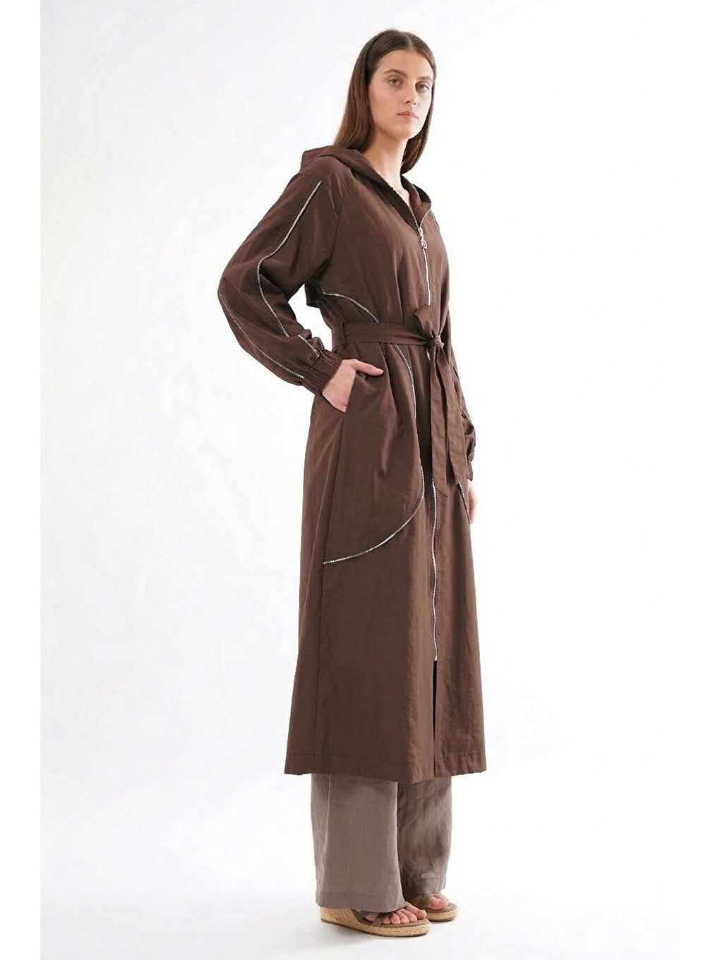 Kolu ve Önü Fermuar Detaylı Kapüşonlu Safari Kap Ceket 816 Kahverengi-2