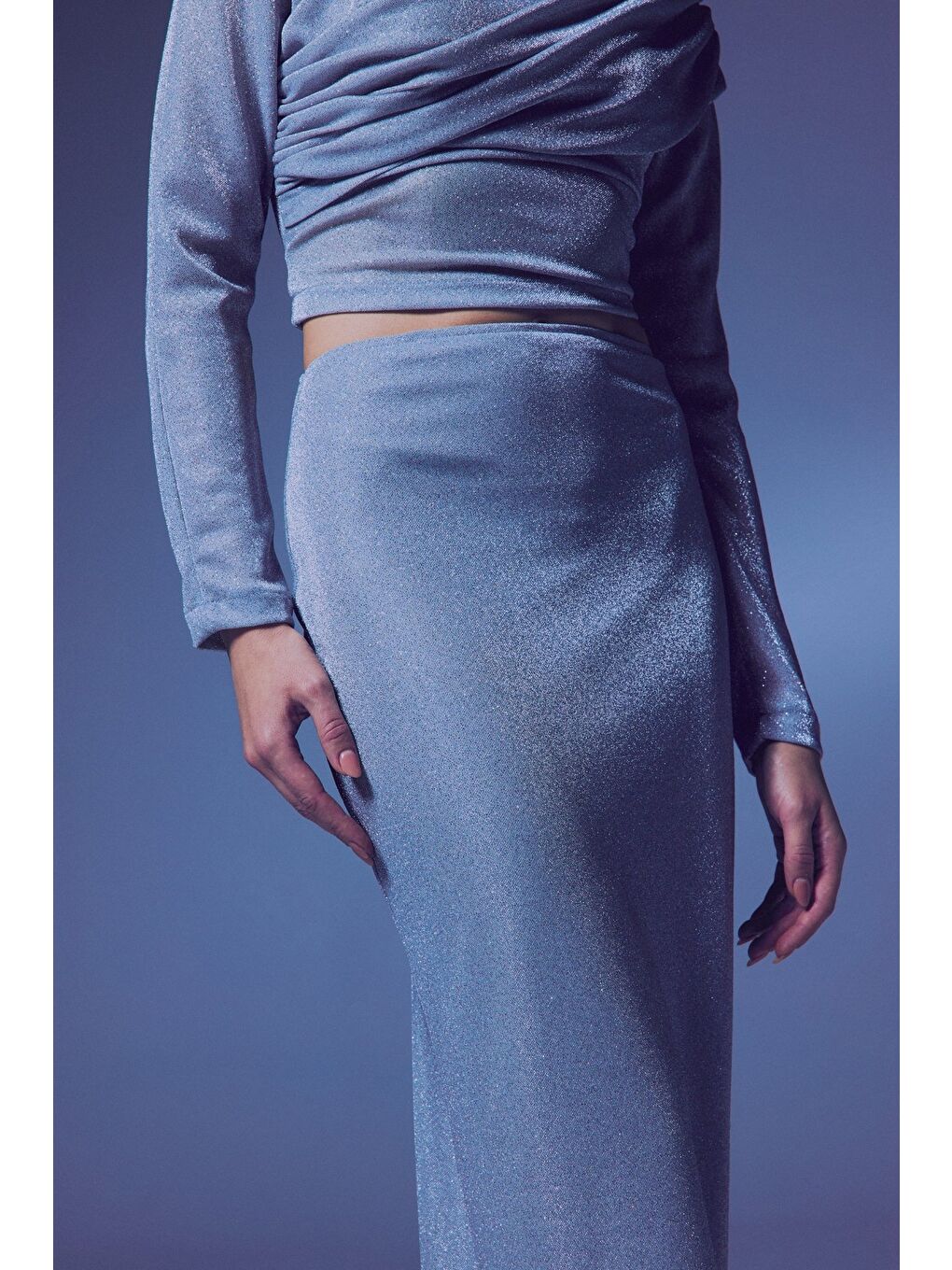 Gri Simli Midi Etek - Gümüş-2