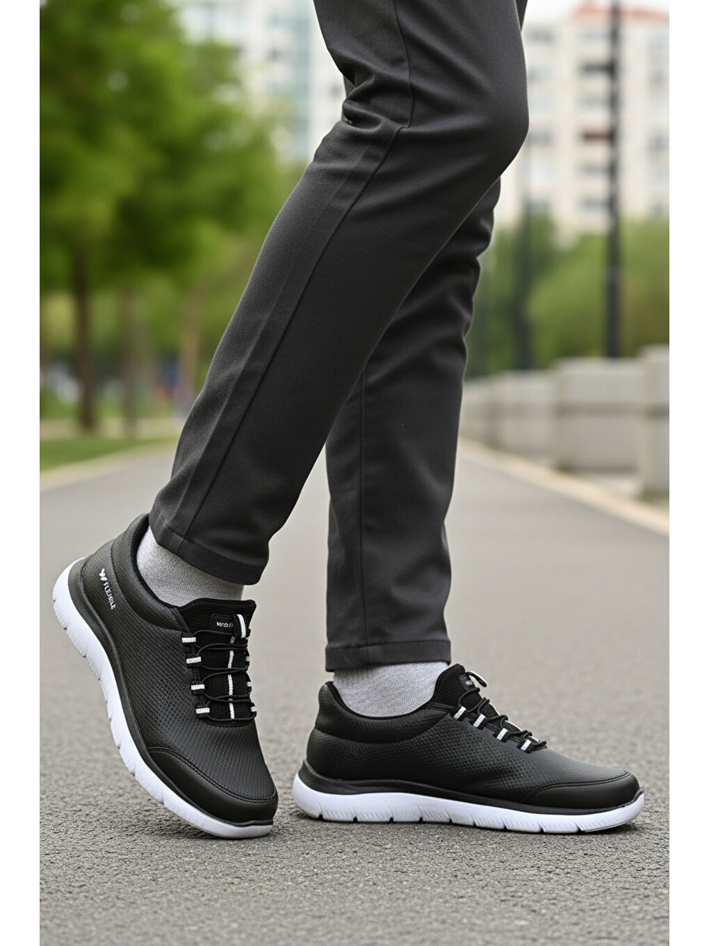 Siyah Beyaz Bilekten Lastikli Erkek Spor Ayakkabı Flexible Pu M-2