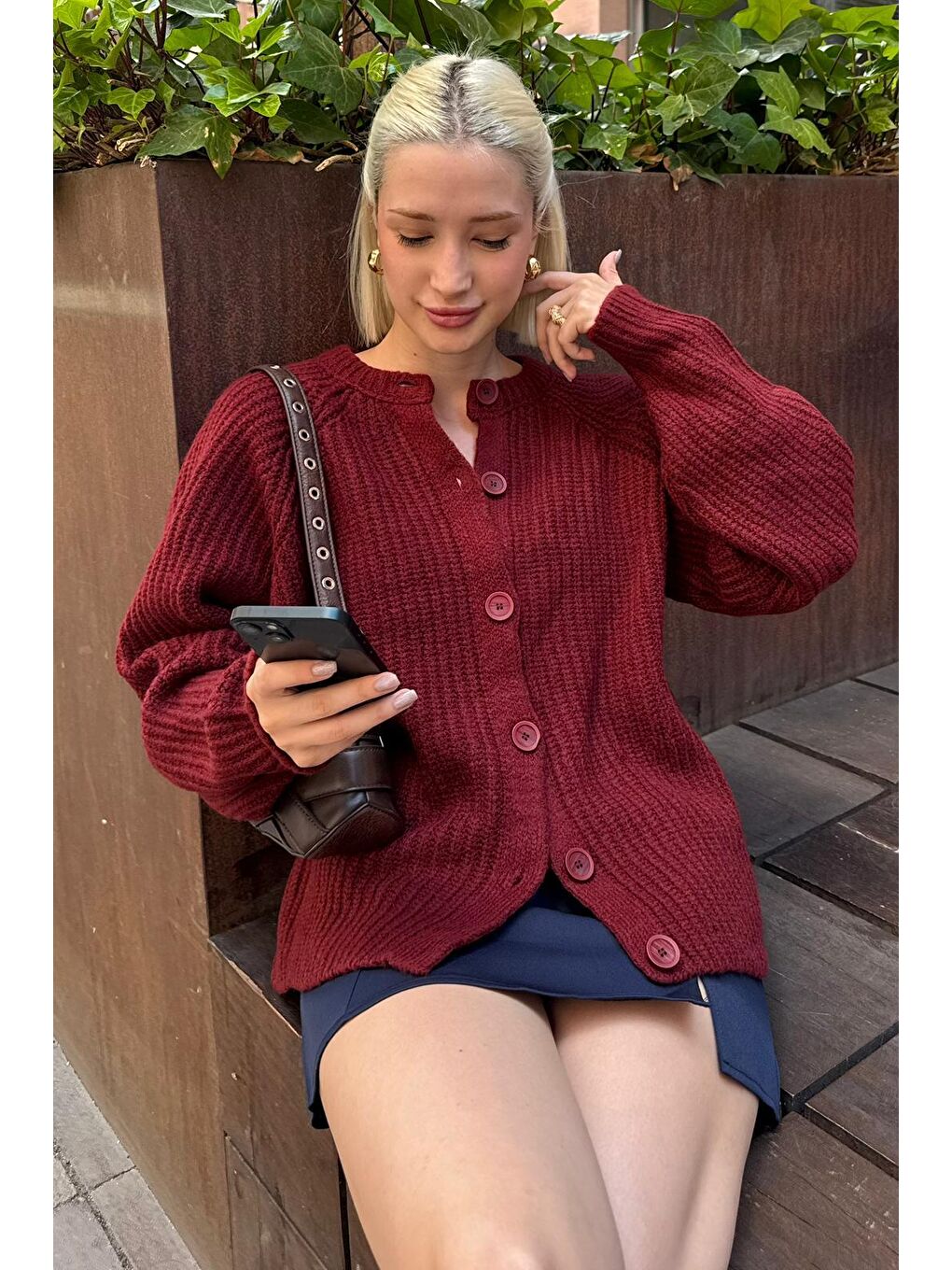 Bordo Bisiklet Yaka Selanik Örgü Düğmeli Kadın Hırka Mg2487-4