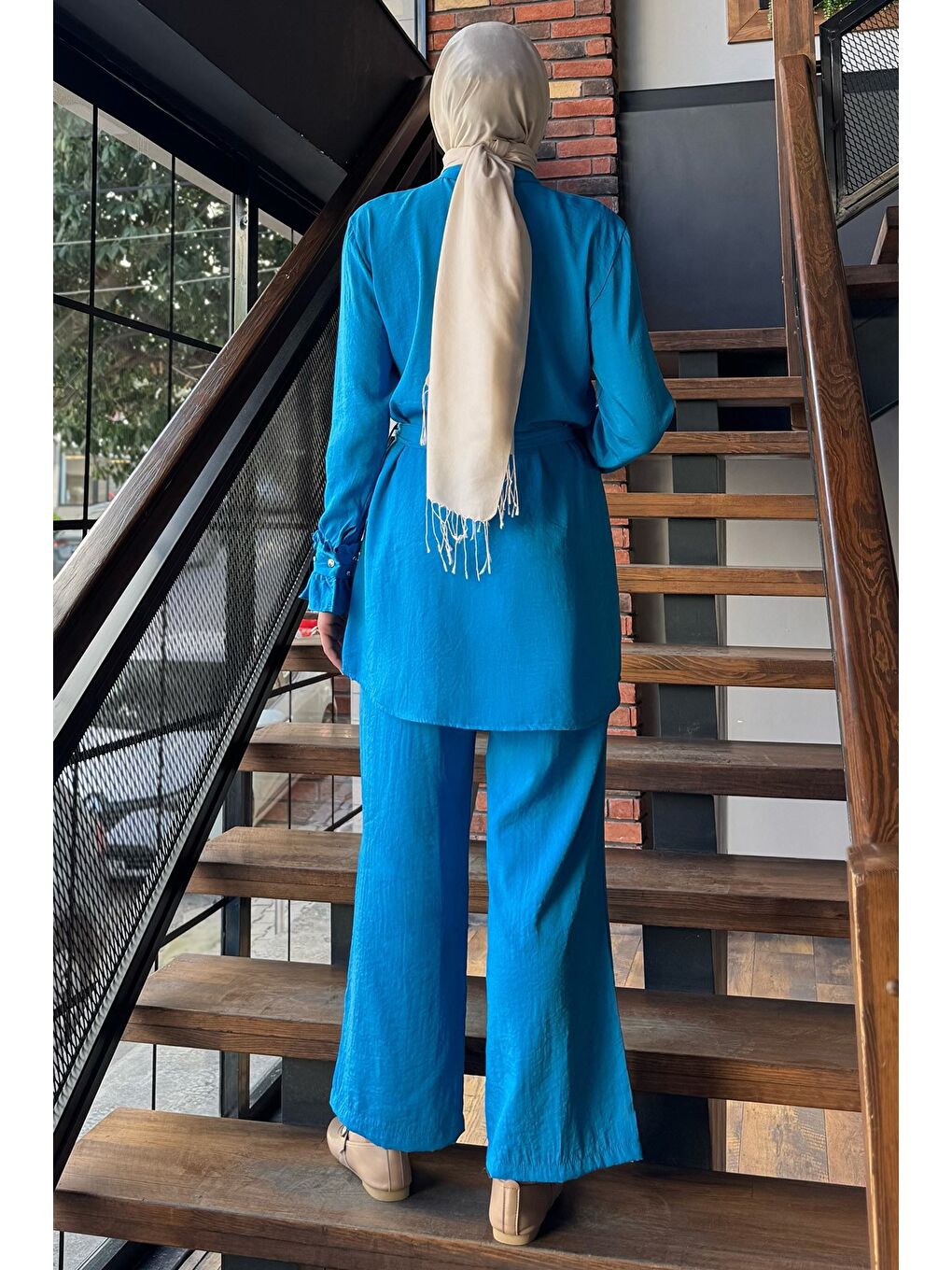 Mavi Tesettür Bel Kuşaklı Taşlı Tunik Pantolon İkili Takım-6