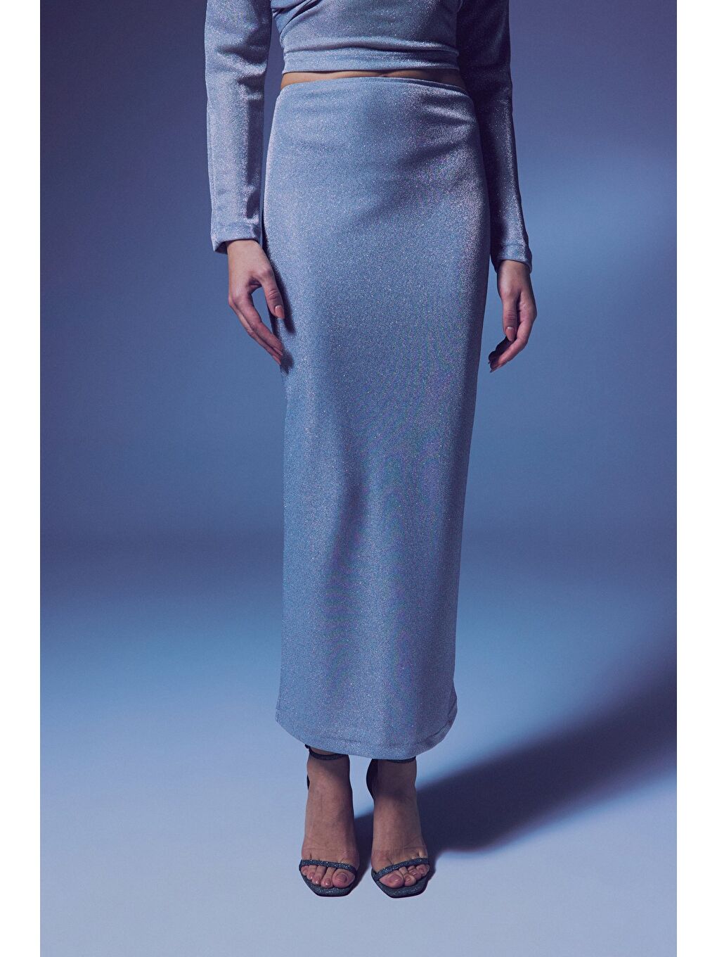 Gri Simli Midi Etek - Gümüş-3