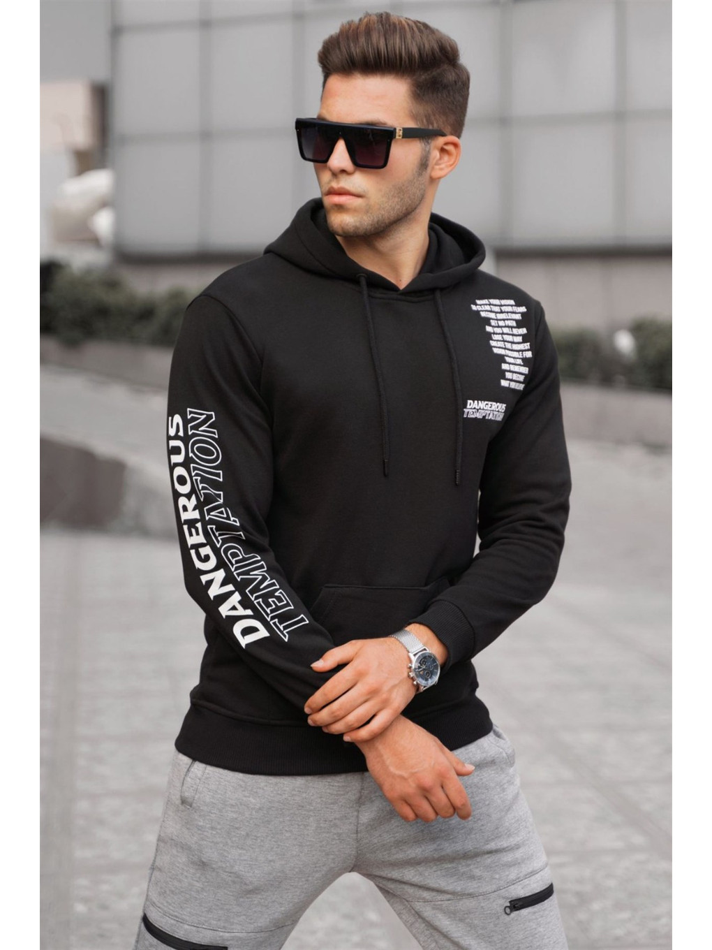 Siyah Baskılı Erkek Kapüşonlu Sweatshirt Hoodie 5313-1