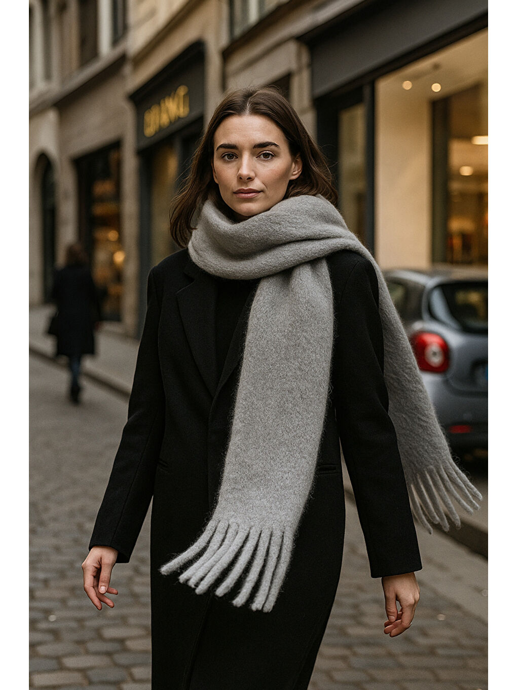 Kadın Antrasit Püsküllü İthal Atkı-Şal SAL1295-1