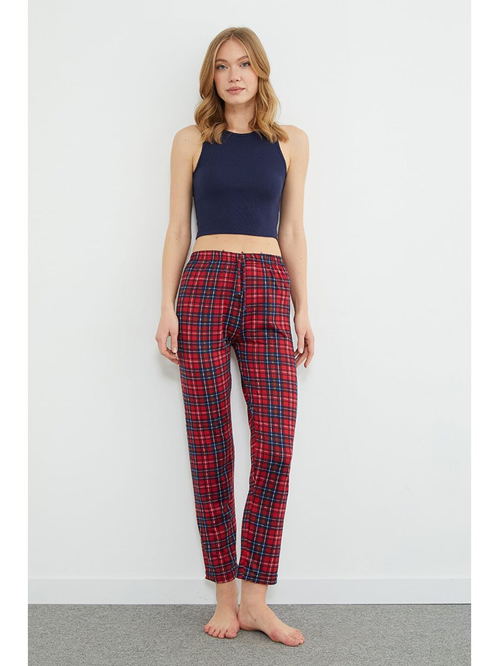 Kırmızı Ekose Desenli Beli Lastikli Pijama Altı-2