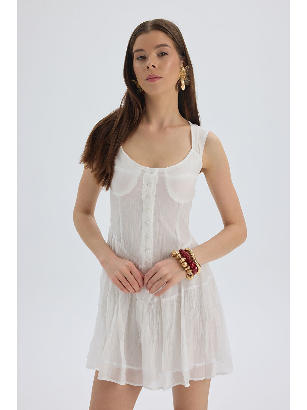 Serena Düğmeli Ekru Mini Elbise-3