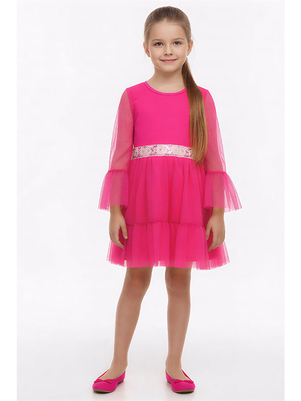 Fuşya Kız Çocuk Elbise -Tül Kaplamalı-Beli Pul Detaylı 2-10 Yaş 12529