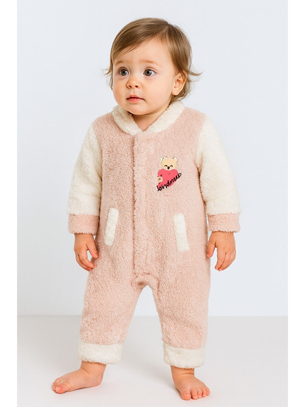 Ekru Kışlık Tatlı Welsoft Kalpli Nakışlı Kolay Giyimli Kapüşonsuz Bebek Tulum