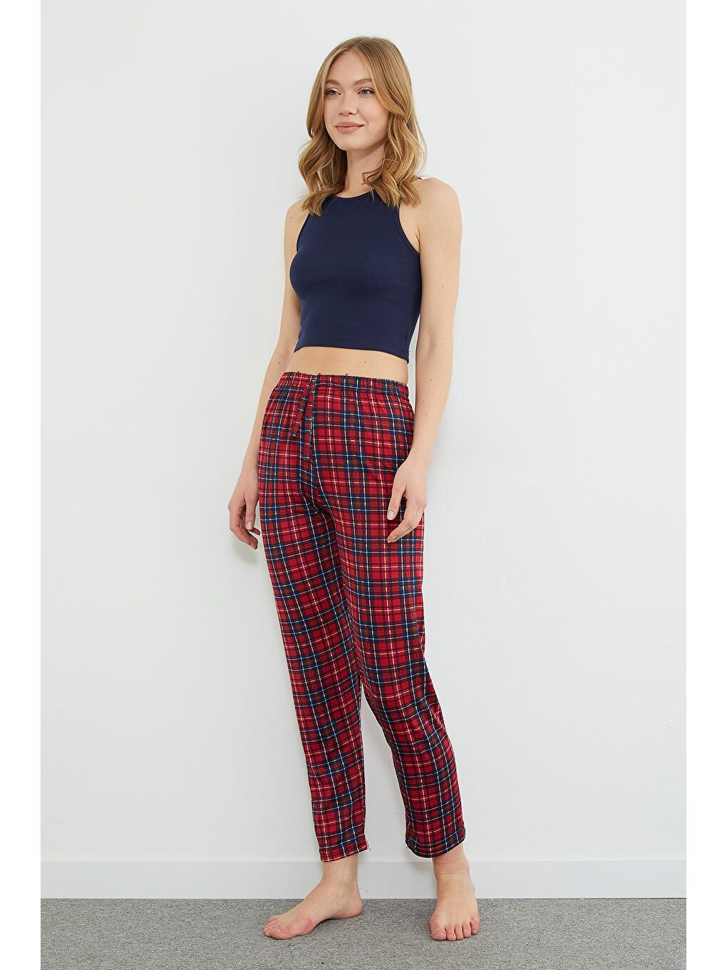 Kırmızı Ekose Desenli Beli Lastikli Pijama Altı-3