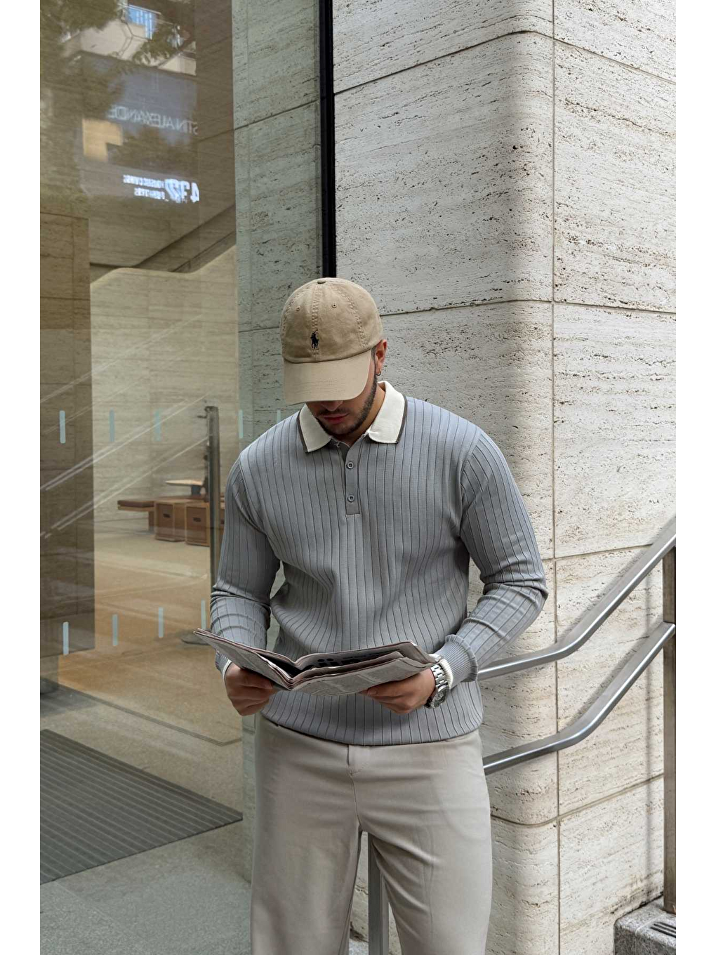 Gri Luzi Çizgi Desenli Polo Yaka Premium Erkek Triko Kazak-5