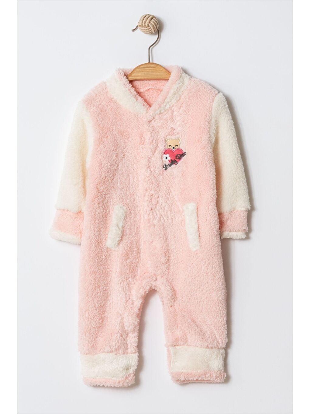 Ekru Kışlık Tatlı Welsoft Kalpli Nakışlı Kolay Giyimli Kapüşonsuz Bebek Tulum-1