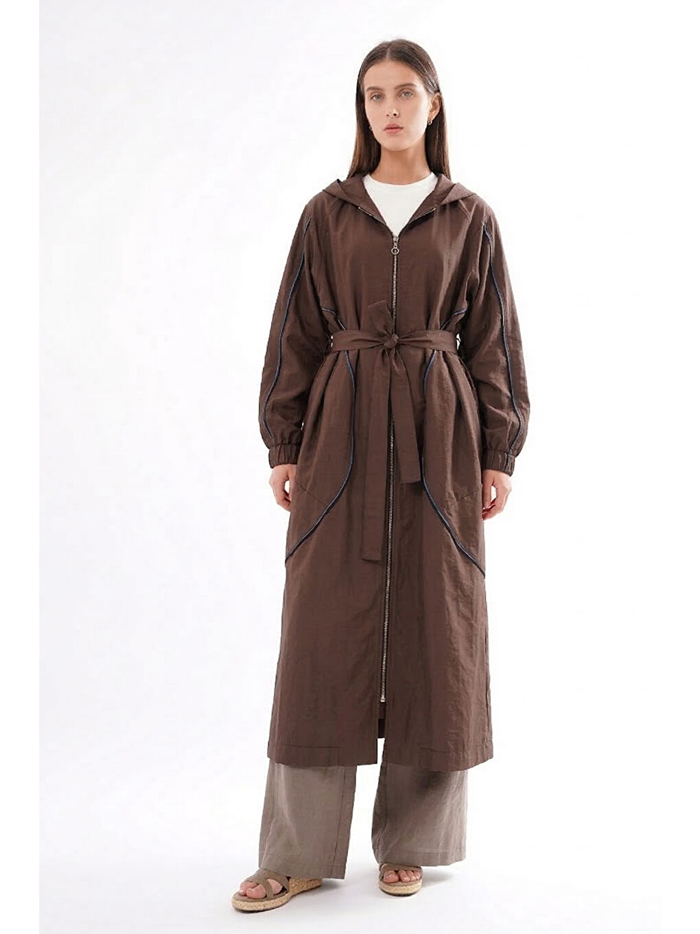 Kolu ve Önü Fermuar Detaylı Kapüşonlu Safari Kap Ceket 816 Kahverengi-3